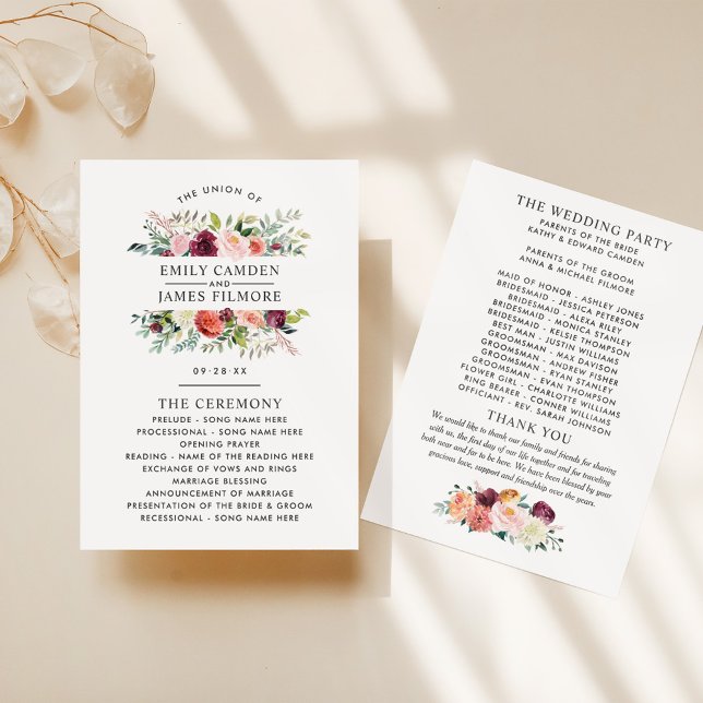 Rustic Burgundy Blush Fall Floral Wedding Ceremony Programme (Creator Uploaded)