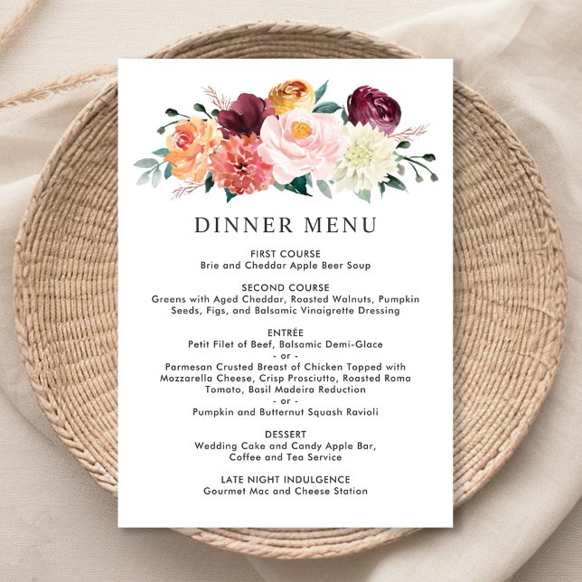 Rustic Burgundy Blush Fall Floral Wedding Dinner Menu (Creator Uploaded)