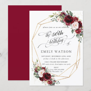 Rustic Burgundy Blush Floral Birthday Geometric Invitation