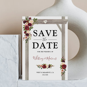 Rustic Burgundy Blush Floral Boho Save the Date Announcement Postcard