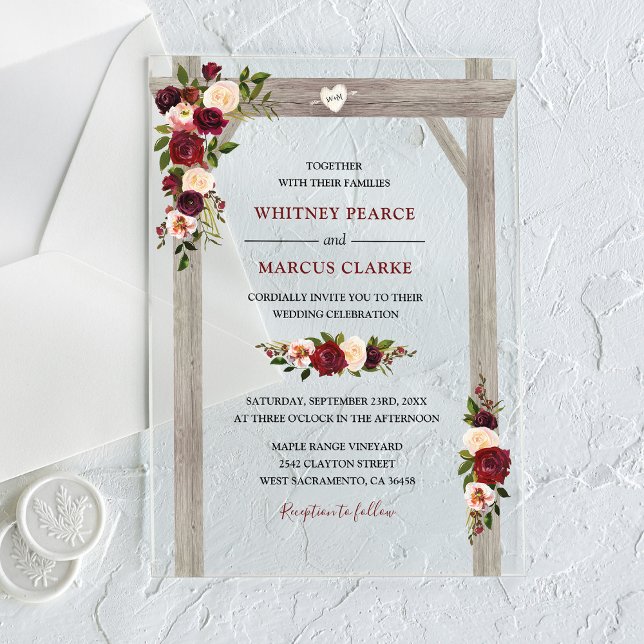 Rustic Burgundy Blush Floral Boho Wedding Arch Acrylic Invitations (Creator Uploaded)