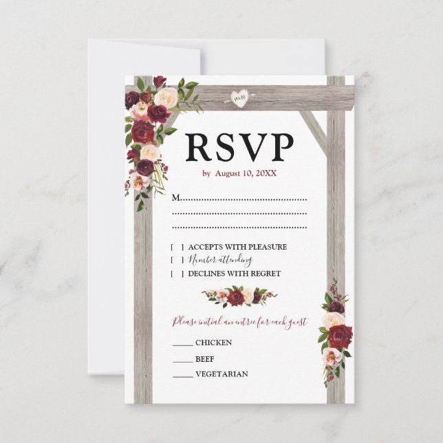 Rustic Burgundy Blush Floral Boho Wedding RSVP (Front)