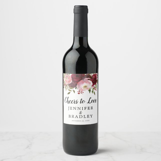 Rustic Burgundy Blush Floral Cheers to Love Wine Label (Front)