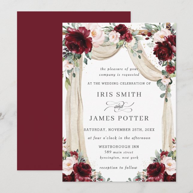 Rustic Burgundy Blush Floral Flower Arch Wedding  Invitation (Front/Back)