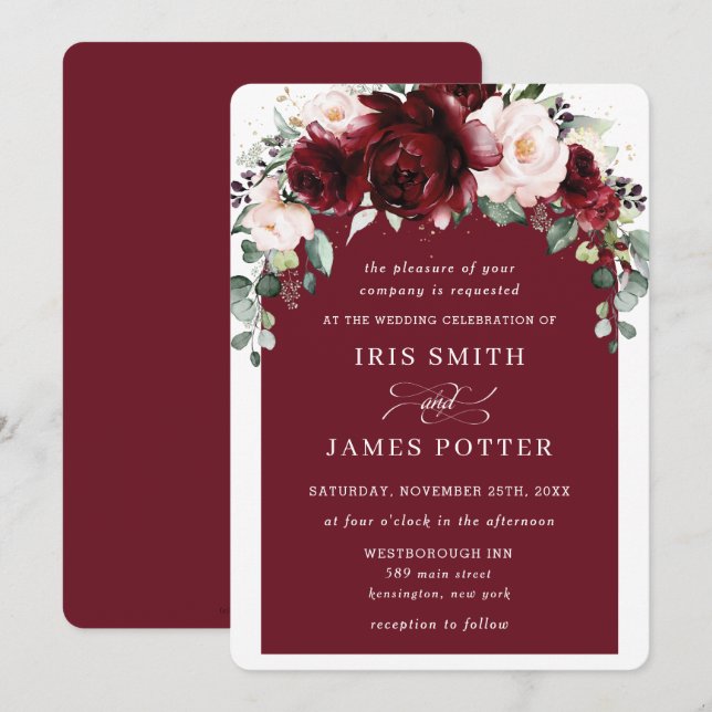 Rustic Burgundy Blush Floral Flowers Arch Wedding Invitation (Front/Back)