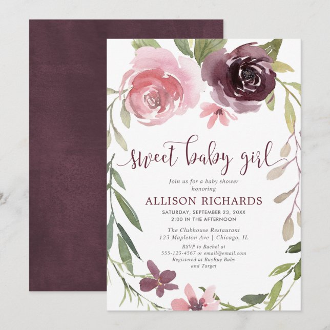 Rustic burgundy blush floral girl baby shower invitation (Front/Back)