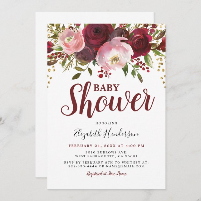 Rustic Burgundy Blush Floral Glitter Baby Shower Invitation (Front/Back)