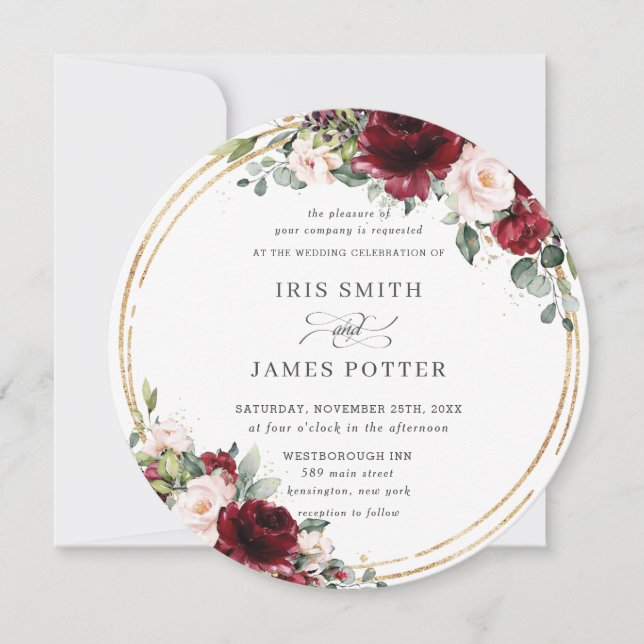 Rustic Burgundy Blush Floral Gold Greenery Wedding Invitation (Front)