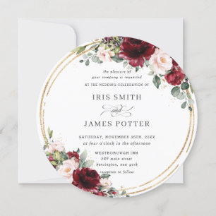 Rustic Burgundy Blush Floral Gold Greenery Wedding Invitation