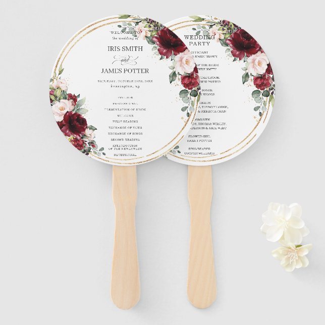 Rustic Burgundy Blush Floral Gold Wedding Program Hand Fan (Front and Back)