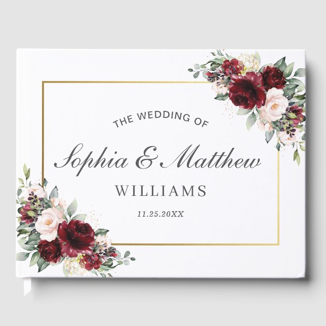 Rustic Burgundy Blush Floral Greenery Wedding Guest Book (Front)