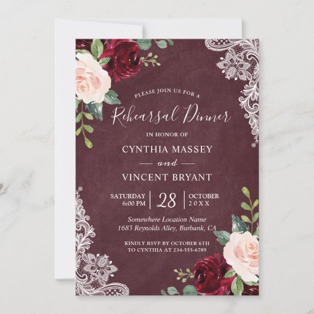 Rustic Burgundy Blush Floral Lace Rehearsal Dinner Invitation (Front)