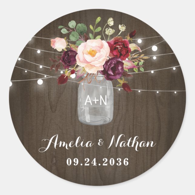 Rustic Burgundy Blush Floral Mason Jar Wedding Classic Round Sticker (Front)