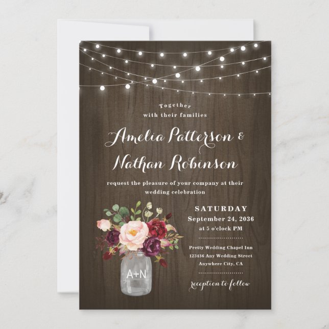 Rustic Burgundy Blush Floral Mason Jar Wedding Invitation (Front)
