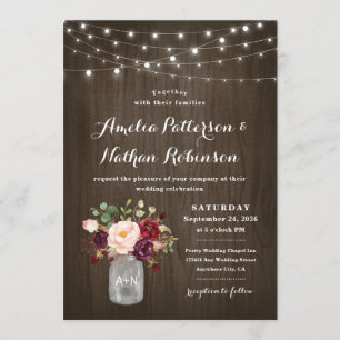 Rustic Burgundy Blush Floral Mason Jar Wedding Invitation