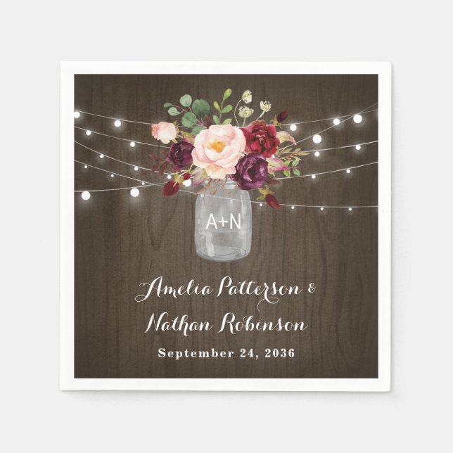 Rustic Burgundy Blush Floral Mason Jar Wedding Napkin (Front)