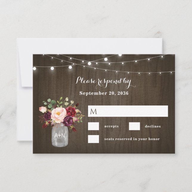 Rustic Burgundy Blush Floral Mason Jar Wedding RSVP Card (Front)