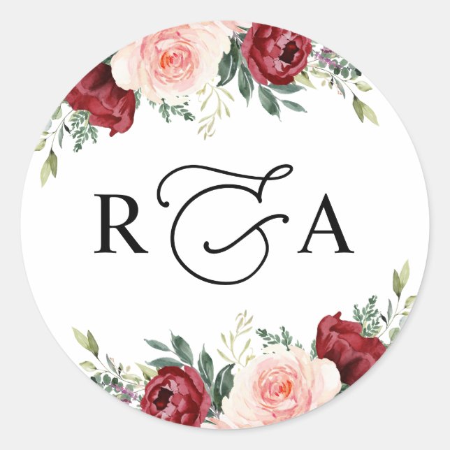 Rustic Burgundy Blush Floral Monogram Personalised Classic Round Sticker (Front)