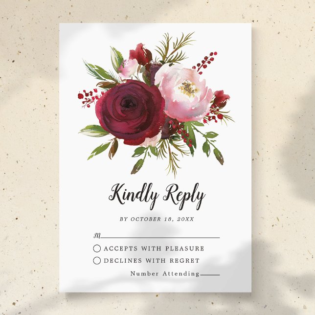 Rustic Burgundy Blush Floral Monogram Wedding RSVP (Creator Uploaded)
