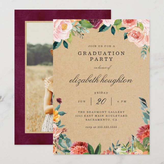 Rustic Burgundy Blush Floral Photo Graduation Part Invitation (Front/Back)