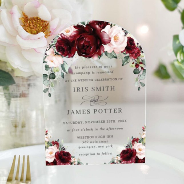 Rustic Burgundy Blush Floral Roses Arch Wedding  Acrylic Invitations (Creator Uploaded)