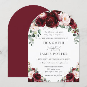 Rustic Burgundy Blush Floral Roses Arch Wedding  Invitation