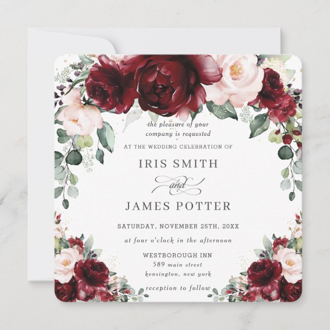 Rustic Burgundy Blush Floral Roses Wedding Square Invitation (Front)