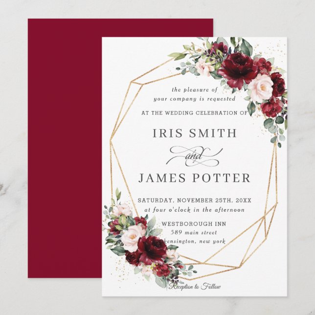 Rustic Burgundy Blush Floral Wedding Geometric Invitation (Front/Back)
