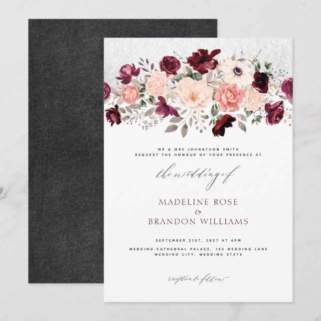 Rustic Burgundy Blush Floral Wedding Invitation (Front/Back)