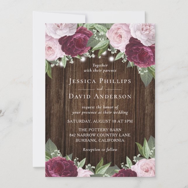 Rustic Burgundy Blush Floral Wedding Invitations (Front)