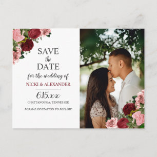 Rustic Burgundy Blush Floral Wedding Save Date Postcard