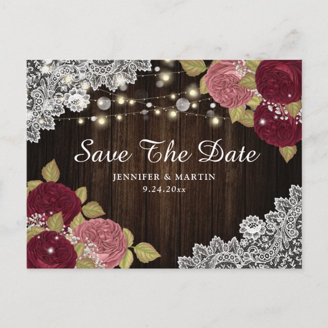 Rustic Burgundy Blush Floral Wedding Save The Date Announcement Postcard (Front)