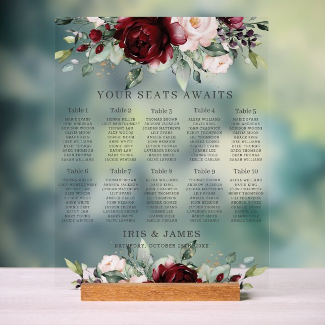 Rustic Burgundy Blush Floral Wedding Seating Chart (Neutral)