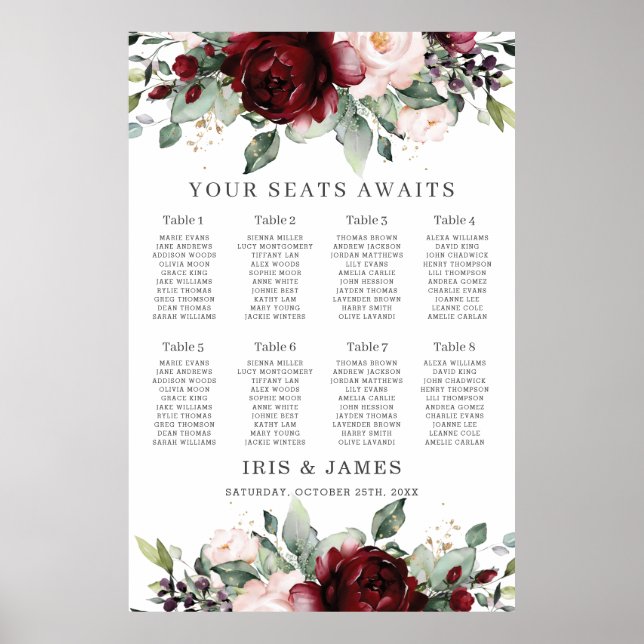 Rustic Burgundy Blush Floral Wedding Seating Chart (Front)