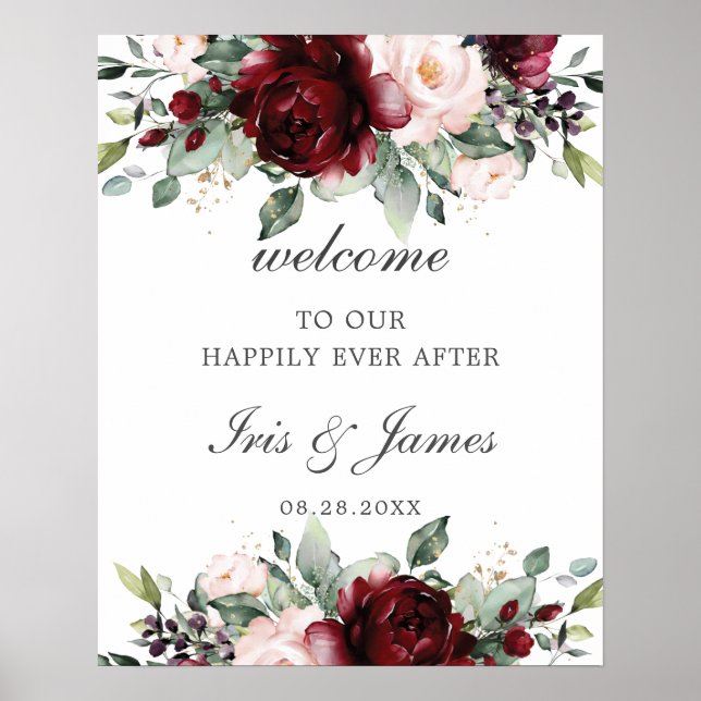 Rustic Burgundy Blush Floral Wedding Welcome Sign (Front)