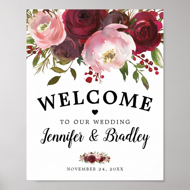 Rustic Burgundy Blush Floral Welcome Wedding Poster (Front)