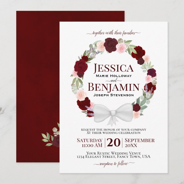 Rustic Burgundy Blush Floral Wreath Boho Wedding Invitation (Front/Back)