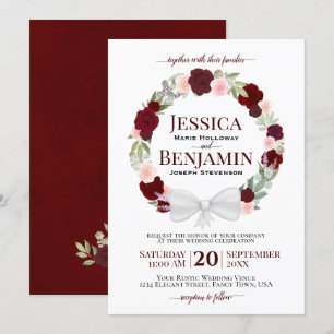 Rustic Burgundy Blush Floral Wreath Boho Wedding Invitation