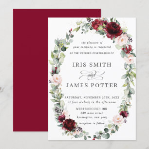 Rustic Burgundy Blush Floral Wreath Leafy Wedding Invitation
