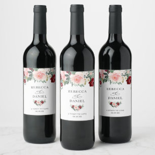 Rustic Burgundy Blush Flowers Wedding Personalised Wine Label