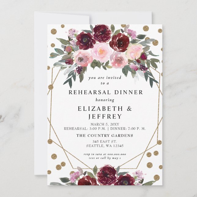 Rustic Burgundy Blush Gold Rehearsal Dinner Invitation (Front)