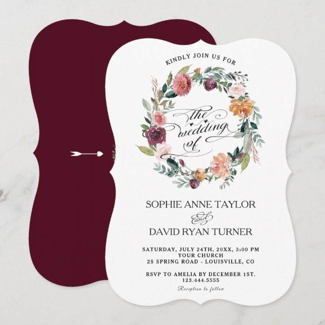 Rustic Burgundy Blush Ivory Floral Wreath Wedding Invitation (Front/Back)
