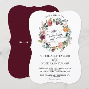 Rustic Burgundy Blush Ivory Floral Wreath Wedding Invitation