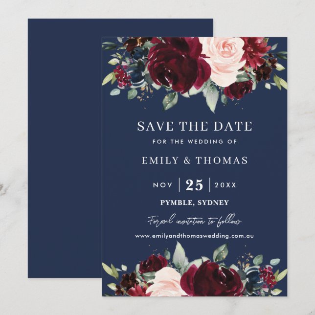 Rustic Burgundy Blush Navy Floral Greenery Wedding Save The Date (Front/Back)