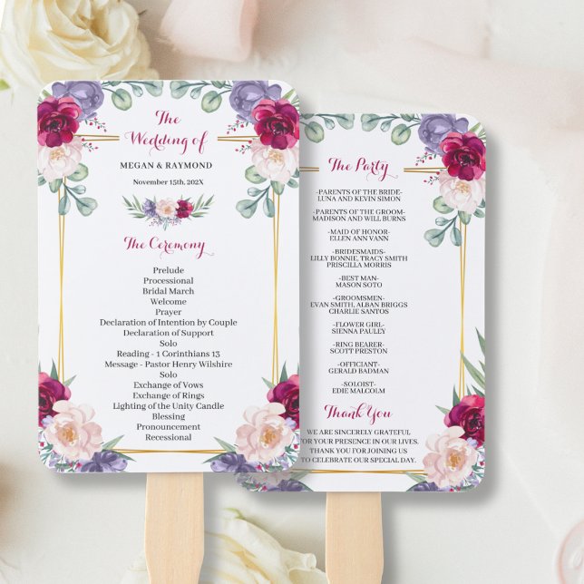 Rustic Burgundy Blush Navy Floral Wedding Program Hand Fan (Creator Uploaded)
