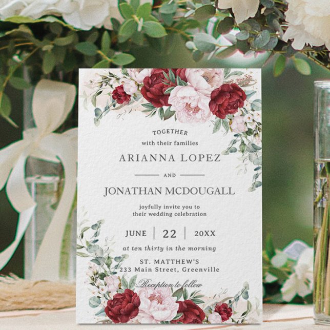 Rustic Burgundy Blush Peonies Roses Floral Wedding Invitation (Creator Uploaded)