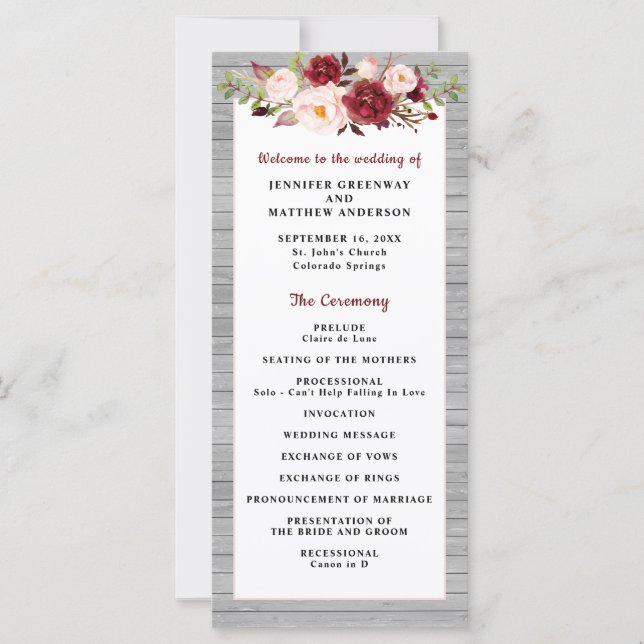 Rustic Burgundy Blush Pink Border Wedding Program (Front)