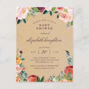 Rustic Burgundy Blush Pink Floral Baby Shower Invitation Postcard