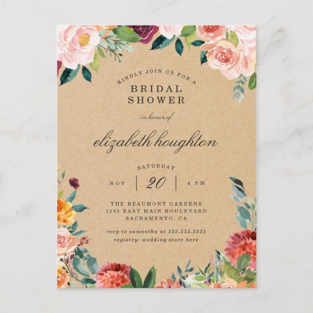 Rustic Burgundy Blush Pink Floral Bridal Shower Invitation Postcard (Front)
