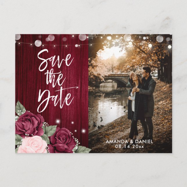 Rustic Burgundy Blush Pink Floral Wedding Photo Announcement Postcard (Front)